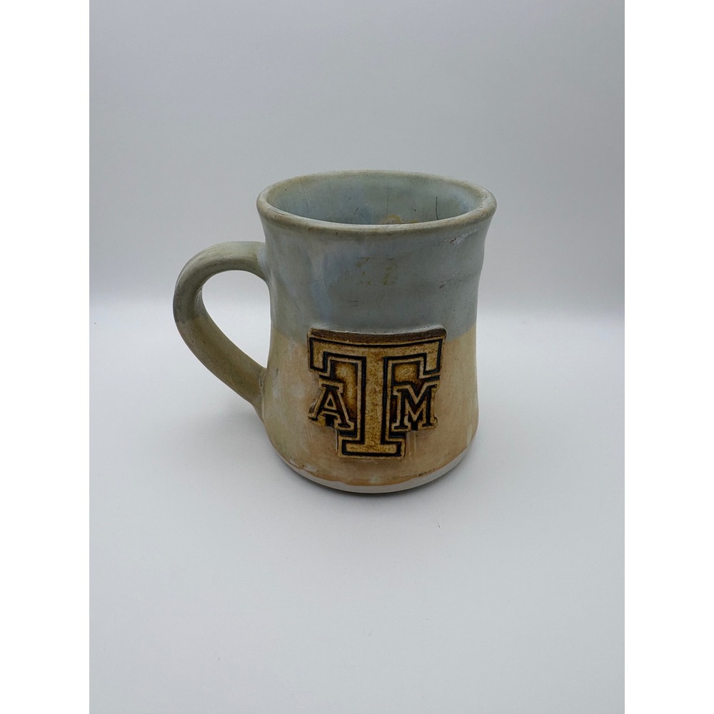 Texas A&M Aggies Studio Pottery Stoneware Coffee Mug‎ Artisan Signed Blue Tan